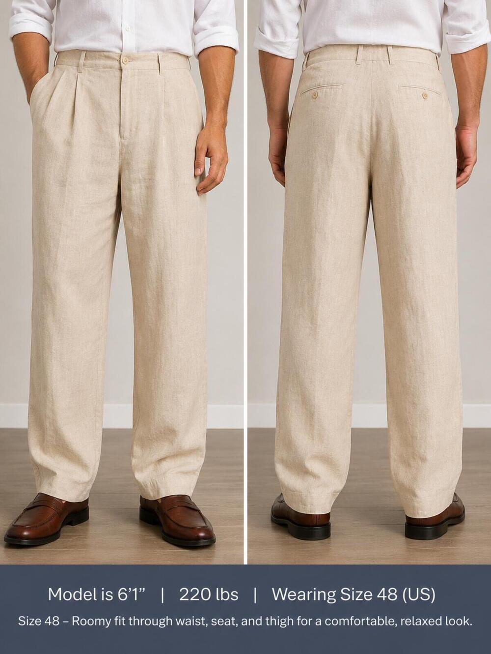 Inserch Lot Of 2 Mens Pants Beige 100% Linen Pleated Front Dress Pants Straight